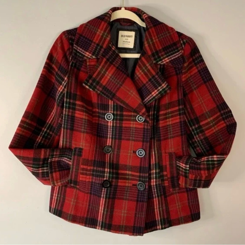 Old Navy Red Plaid Pea Coat